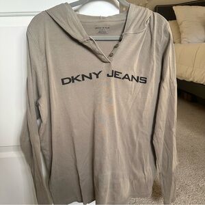 DKNY Jeans Beige Long-Sleeve Hoodie / V-Neck Shirt with Buttons, Vintage Finds